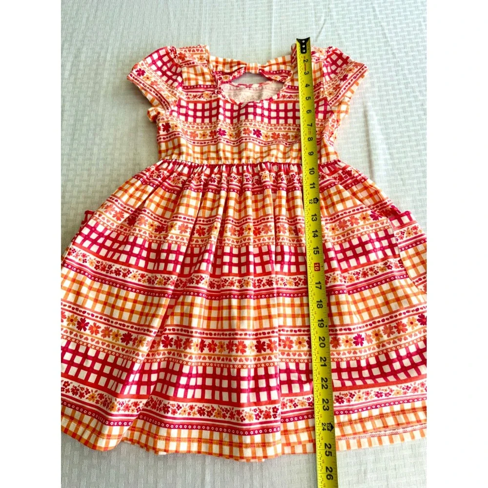 Flapdoodles Girls Orange Pink Gingham Floral Bow Back Pocket Dress Size 8